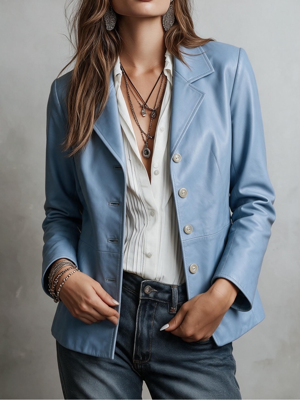 Talbots 100% Soft Glove Leather Jacket Blazer Sz 6 Petite Powder Blue Classic